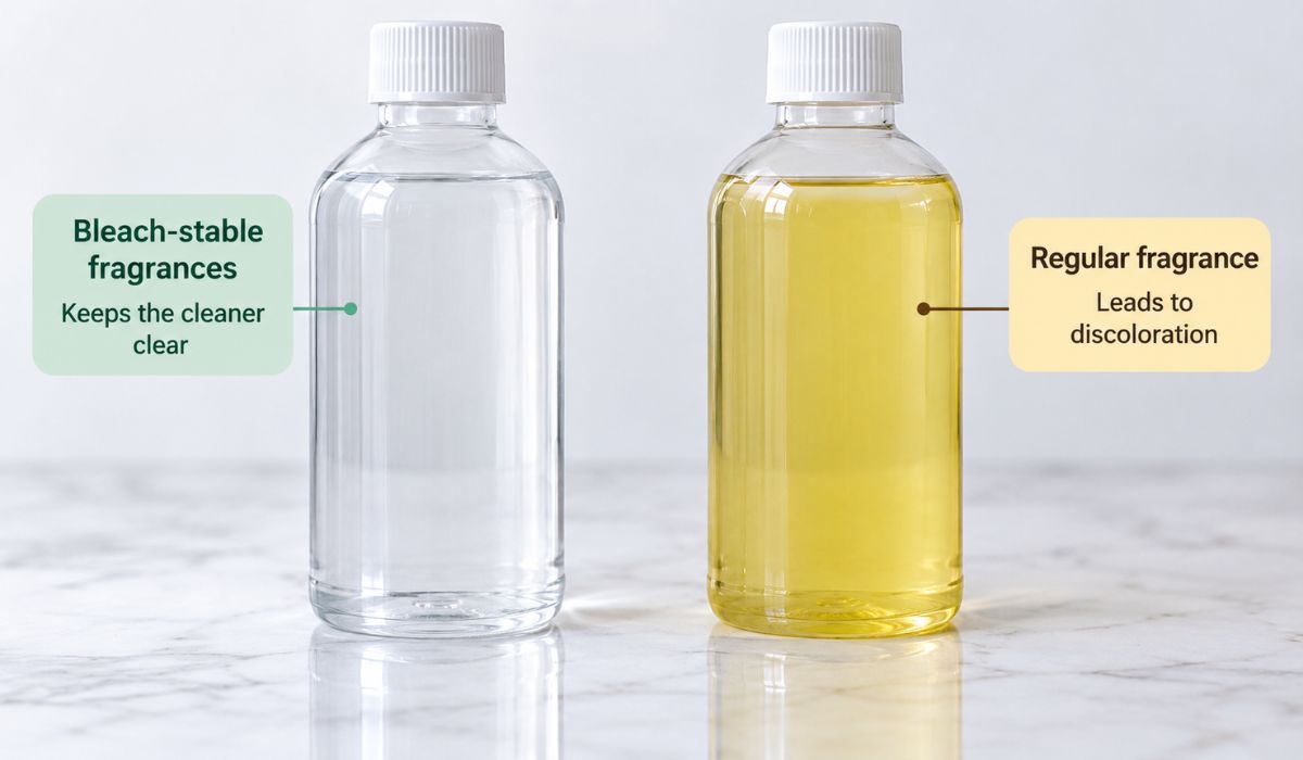 Bleach stable fragrances keeping a cleaner clear next to a discolored sample